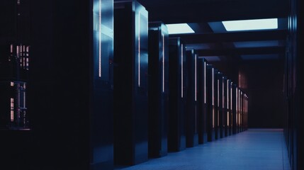 A dim, high-tech corridor with linear lights. A futuristic design showing a modern and advanced ambiance.