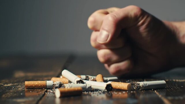 A clenched fist hovering over a pile of crushed cigarettes on a wooden surface