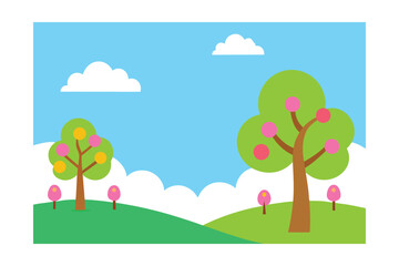 Fototapeta premium Cartoon Spring Scene With Blooming Bushes And Bees