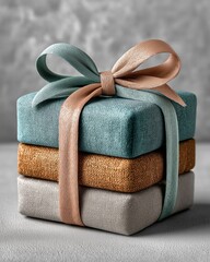 Stacked fabric gift boxes with elegant ribbon bow in soft neutral colors for product display.