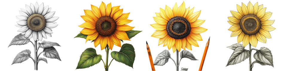 Fototapeta premium Sunflower Drawing Stages: A captivating illustration showcasing the step-by-step process of drawing a sunflower, progressing from a pencil sketch to a vibrant watercolor rendering. isolated transparen