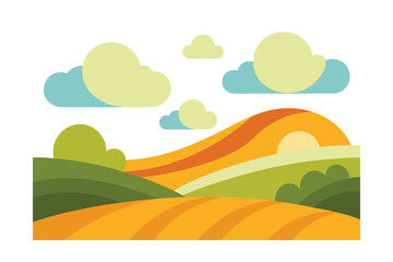 Obraz premium Cartoon Rolling Fields Under Stylized Clouds
