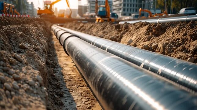 Construction site with large black pipes laid in a trench. Heavy machinery is visible in the background. The sun sets, casting a warm glow over the scene.