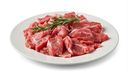 Fototapeta premium Fresh cuts of beef and chicken arranged on white plate. Circular pattern on clean white surface. Rosemary sprig garnishes plate. High-quality meat display for culinary arts.