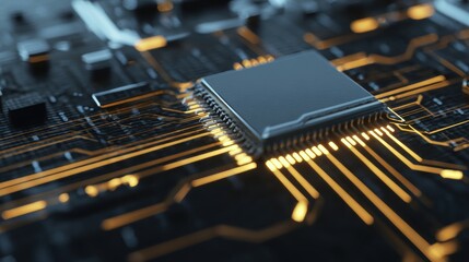 An intricately designed CPU chip, bathed in a neon glow, represents the forefront of technological innovation. The close-up shot, conveys the complexity and precision of modern electronics.