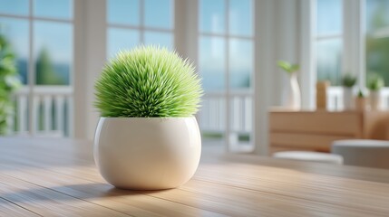 Green spiky indoor plant in round white pot on wooden table with bright window light.