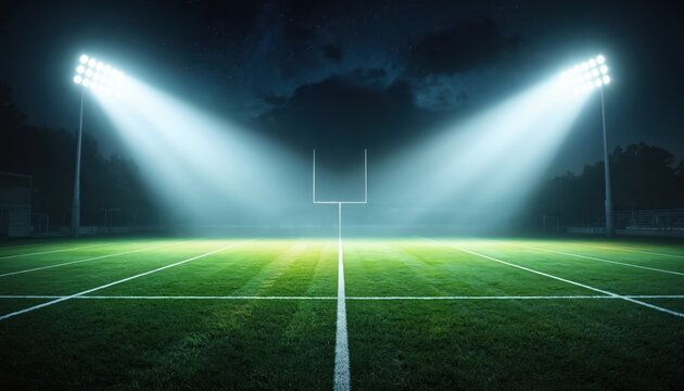 Nighttime soccer game with field bathed in soft green light. Players forms blurred in background. White lines on field, stars in night sky above. Two tall floodlights casting spotlight on game.