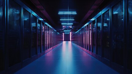 Navigate the heart of modern technology: an expansive server room bathed in cool neon hues. A futuristic corridor unfolds, showcasing rows of servers in a symmetrical arrangement.