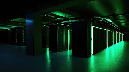 Green-lit server room corridor with rows of server racks.