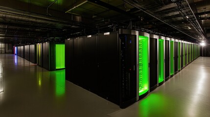 An expansive server room, bathed in the futuristic glow of vibrant neon green lights, where rows upon rows of high-tech servers hum with data processing in a technological marvel.