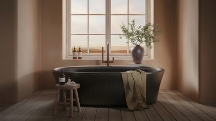 Modern Minimalist Bathroom with Freestanding Tub and Scenic View

