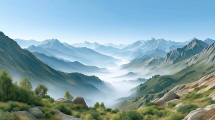 Scenic mountain valley with mist and lush greenery under clear blue sky panoramic view.