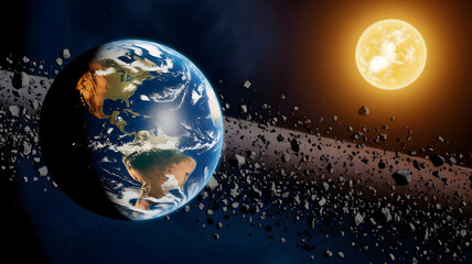Earth Surrounded by Asteroid Belt and Sun in Deep Space &ndash; 3D Render

