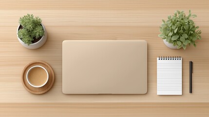 Minimal desk flat lay with closed laptop coffee cup notepad and potted plants for workspace branding.