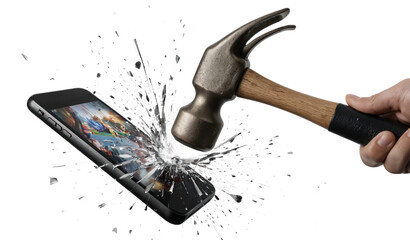Black smartphone damaged with cracked screen. Right hand holding device, possibly smashed by hammer. Smartphone tilted with screen facing up, indicating impact. White wall background, no texts
