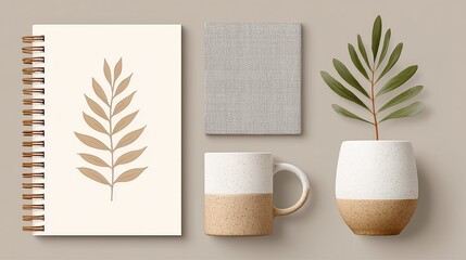 Neutral minimalist workspace with notebook ceramic mug plant and linen card for creative branding.