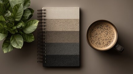 Modern workspace flat lay with textured notebook plant and coffee cup for stylish office branding.