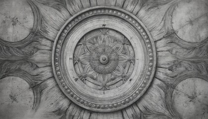 Close-up of ceiling with intricate designs, including circular flower, square building patterns. Textured pattern with lighter gray background, detailed, skilled craftsmanship, precise, pro,