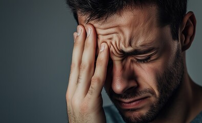 Fototapeta premium A man holds his temple with his eyes closed, expressing severe headache, stress, migraine. His face and gestures convey tension, suffering, and emotional exhaustion.