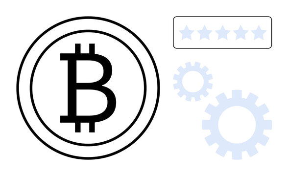 Bitcoin logo in a circle accompanied by gears and a star rating bar. Ideal for blockchain, crypto, innovation, finance, technology, reputation, systems. Simple flat metaphor