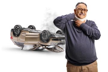 Mature man in pain wearing a neck collar, car accident injury concept