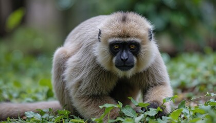 Obraz premium Brown gibbon primate sits in lush green forest, fur blending with foliage. Dense trees and foliage in background. Close-up of monkey face, body angled to right.