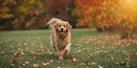 Champion Golden Retriever Running Amid Vibrant Autumn Leaves in Sunlit Park for seasonal pet calendars, premium dog food ads, dog show promotions, or breed-specific magazines featuring autumn themes