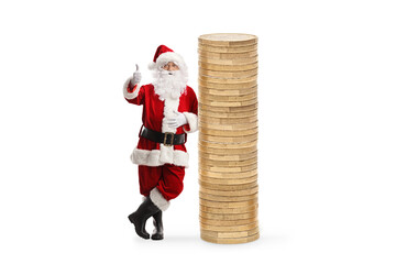 Santa claus leaning on a pile of coins and gesturing thumbs up