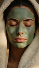 Woman rests head on towel, wearing green face mask. Spa treatment or wellness activity. Eyes closed, meditative or soothing state. Beige wall backdrop, green face mask, white towel contrast.