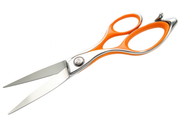 Orange handled silver scissors isolated on a transparent background metal cutting