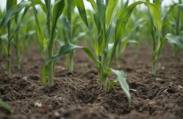 Obraz premium Cornfield with green corn plants in growth stage. Plants reach towards sky, emerging from soil. Fertile dark brown ground. Farm equipment sensor possibly placed in field. Monitoring crop growth,