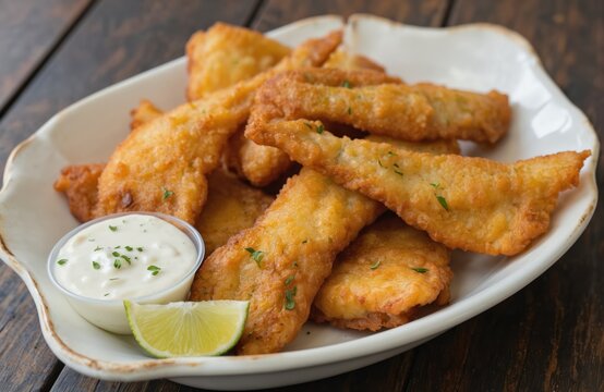 Golden-brown fried fish strips served on rustic wooden table. Crispy fish sticks with green herbs, light brown coating. Yellow sauce for dipping. Traditional Brazilian appetizer isca de peixe on