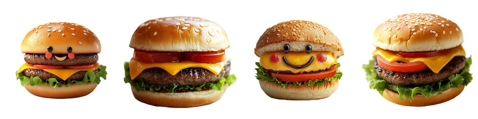 Animated Burger Delights: A vibrant and playful collection of four appetizing burgers, each animated with a unique, cheerful expression, offering a fun take on fast food favorites.
