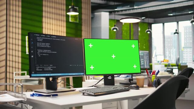 Isolated screen computer monitor in modern startup office displaying code snippets in various programming languages used for application development. Mockup PC in empty software agency workspace