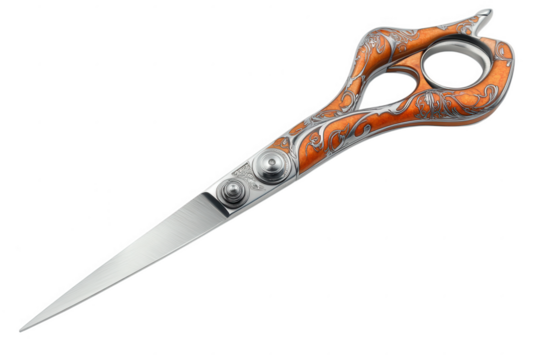 Ornate orange handled scissors with silver accents isolated on a transparent background metal