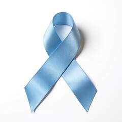 Blue awareness ribbon against white background. Smooth, untwined satin ribbon, vibrant blue color, visually striking contrast. Symbol of cancer support, awareness for hiv and aids.