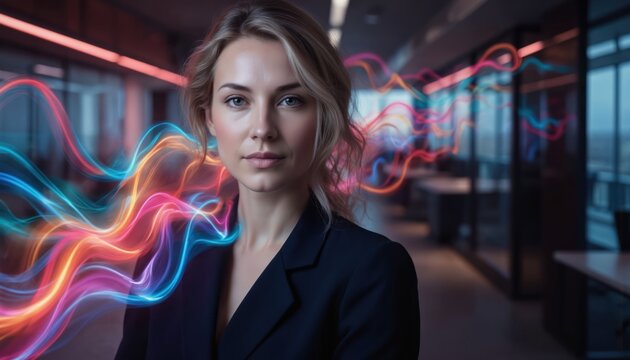 Woman stands in modern industrial room with vibrant colors. Black blazer, white shirt, gray carpet. Large window with tree view. Urban setting, professional woman with confidence.