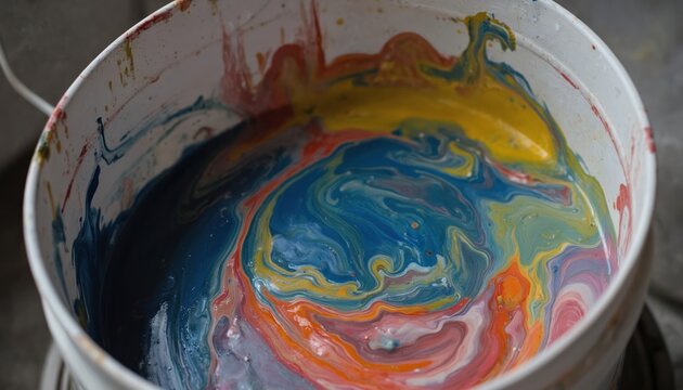 Close-up of paint mixing station with vibrant pigments swirling in a bucket. Colours blend in abstract pattern. Bucket appears tilted, with colourful mix highlighted.