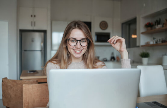 Young woman sits in home kitchen at dining table. Seated with laptop, wearing glasses, working. Simple, professional, and relaxed atmosphere in modern home.