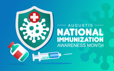 National Immunization awareness month. August celebrates immunization month banner or poster with protection shield, syringes, vaccine bottles, virus icons. Best for banners, posters, and social media