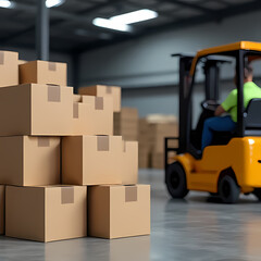 A stack of cardboard shipping boxes in a warehouse with forklift in the background