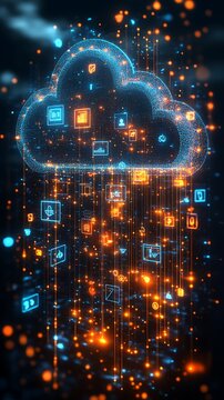 Digital cloud computing network with glowing icons illustrating data transfer and connectivity photo