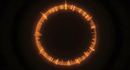 Orange circular digital graphic with varying vertical line segments representing data display on a dark background. Highlighting the concept of data visualization and technological progress