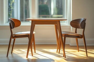 A modern wooden dining set with two chairs sits elegantly in front of a window, bathed in warm sunlight.