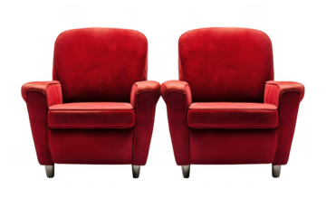 Plush crimson armchairs side by side isolated on a transparent background seating furniture