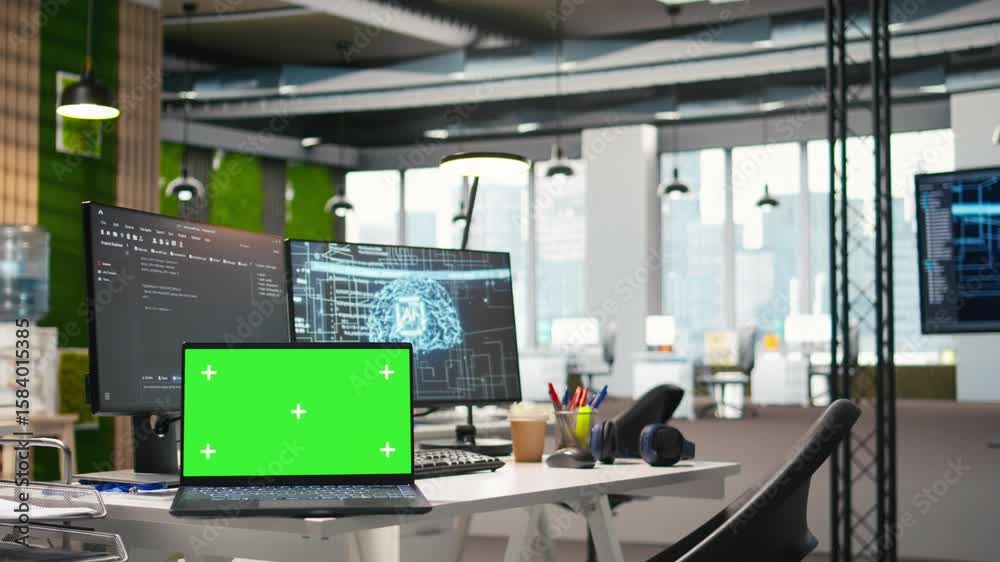 Fototapete isolated screen laptop in empty ai startup office displaying programming languages used for building