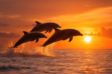 Dolphins leaping at sunset