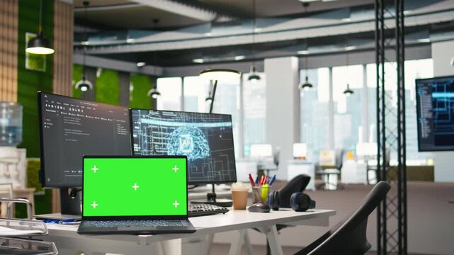 Isolated screen laptop in empty AI startup office displaying programming languages used for building applications. Chroma key notebook showing deep learning code in software development agency