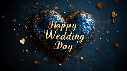 Elegant blue heart with gold happy wedding day message a beautiful photo design for celebration