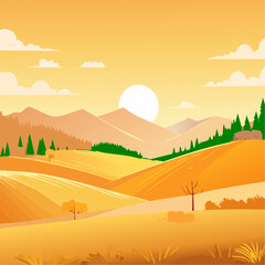 Green trees in a golden natural landscape